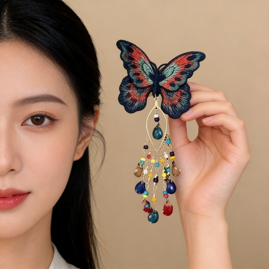 Embroidery Glass Beads - 새로운 중국 스타일 니트 나비 머리핀