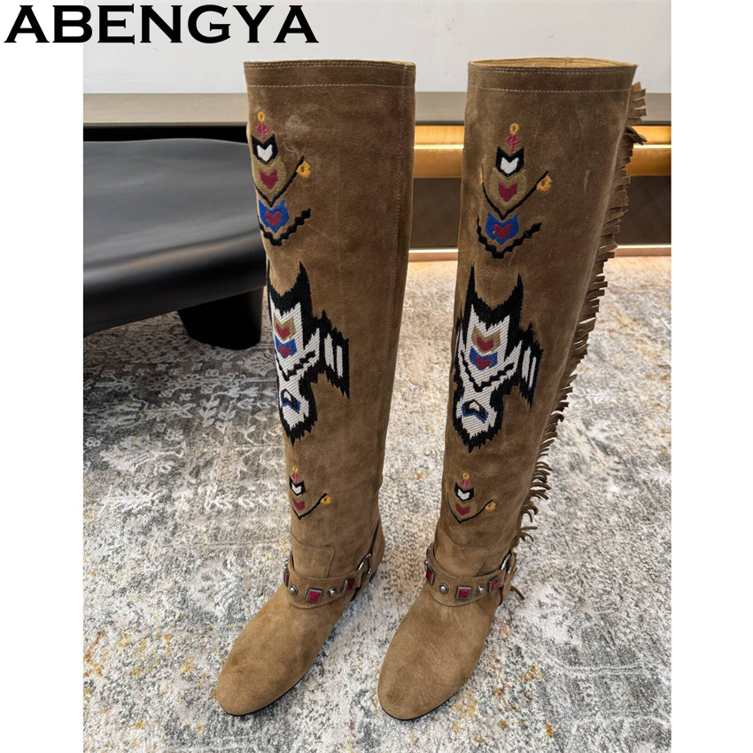Embroidery On Leather - ABENGYA 2026 겨울 새로운 무릎 높은