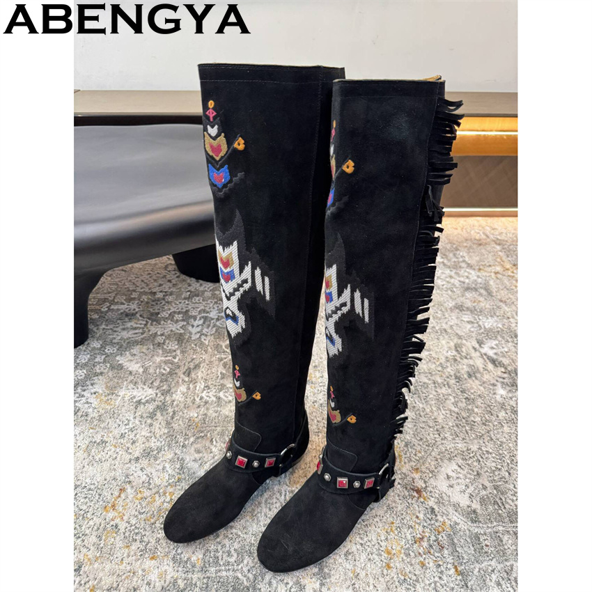 ABENGYA 2026 겨울 새로운 무릎 높은 부츠 여 - Embroidery On Leather 리뷰 및 가격
