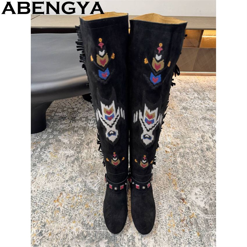 ABENGYA 2026 겨울 새로운 무릎 높은 부츠 여 - Embroidery On Leather 리뷰 및 가격