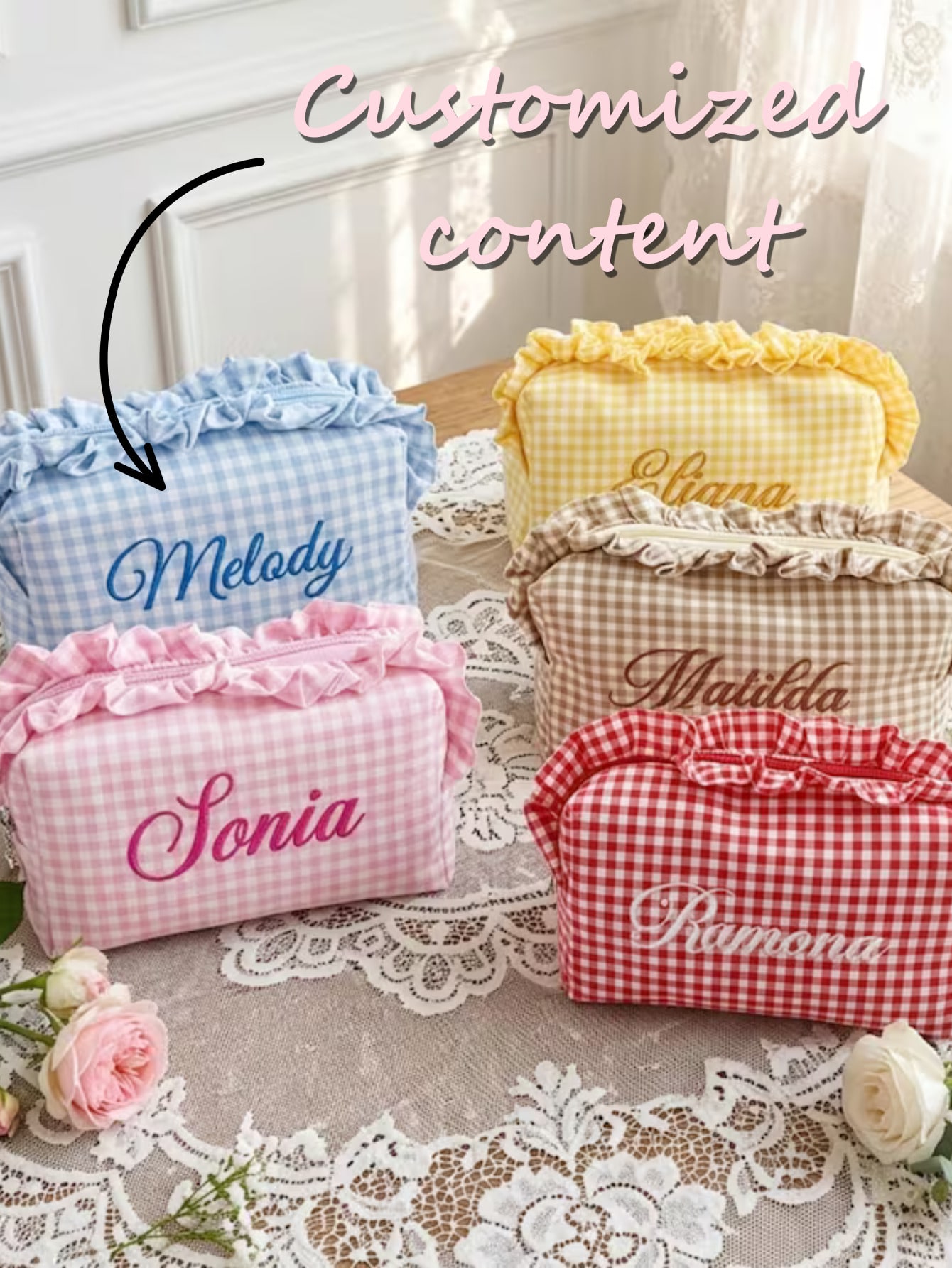 개인 맞춤형 체크무늬 자수 화장품 파우치, 러플 장식  - Embroidery Name Designs 리뷰 및 가격